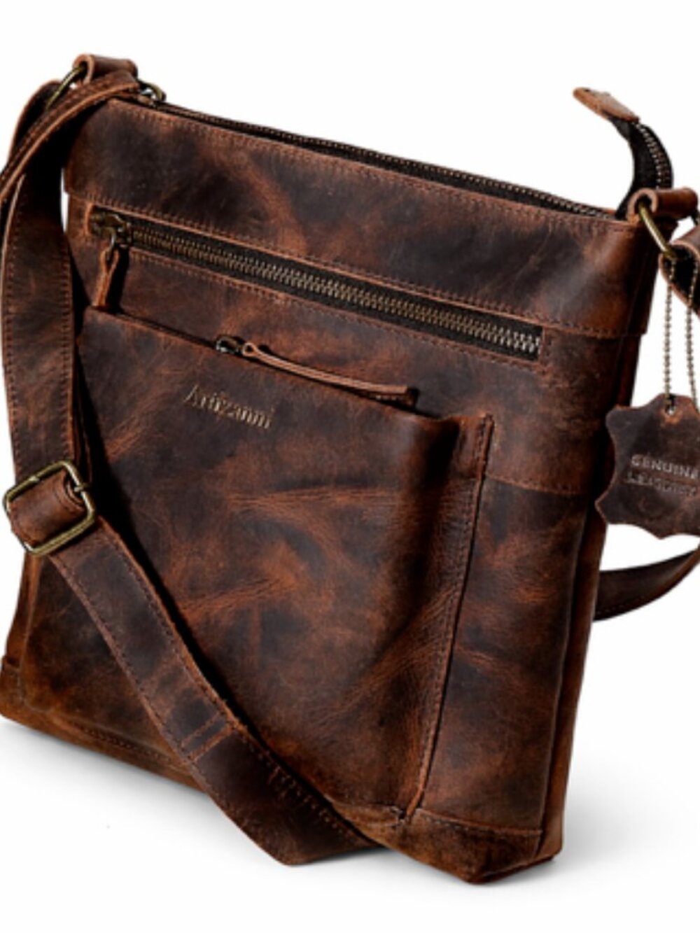 Premium Leather Crossbody Messenger Bag, Multiple Pockets, Adjustable Straps, Sh